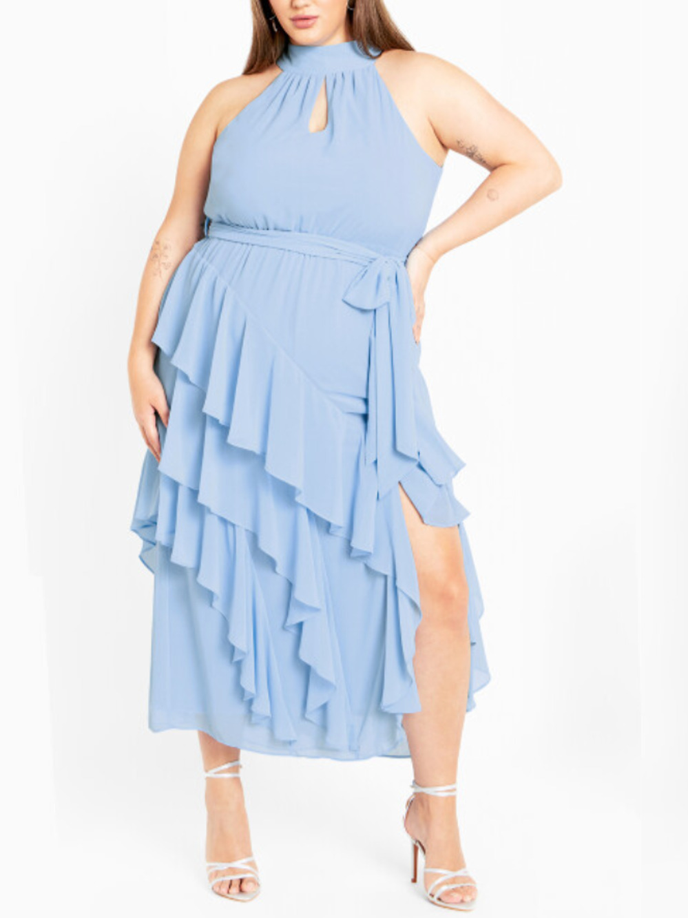 NWT City Chic Mandy Maxi Dress 14 Baby Blue Halter Ruffled Tiered Belted #220179